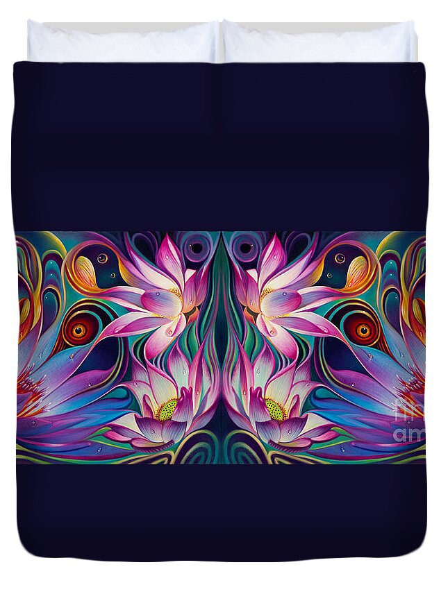Lotus Duvet Cover featuring the painting Double Floral Fantasy 2 by Ricardo Chavez-Mendez
