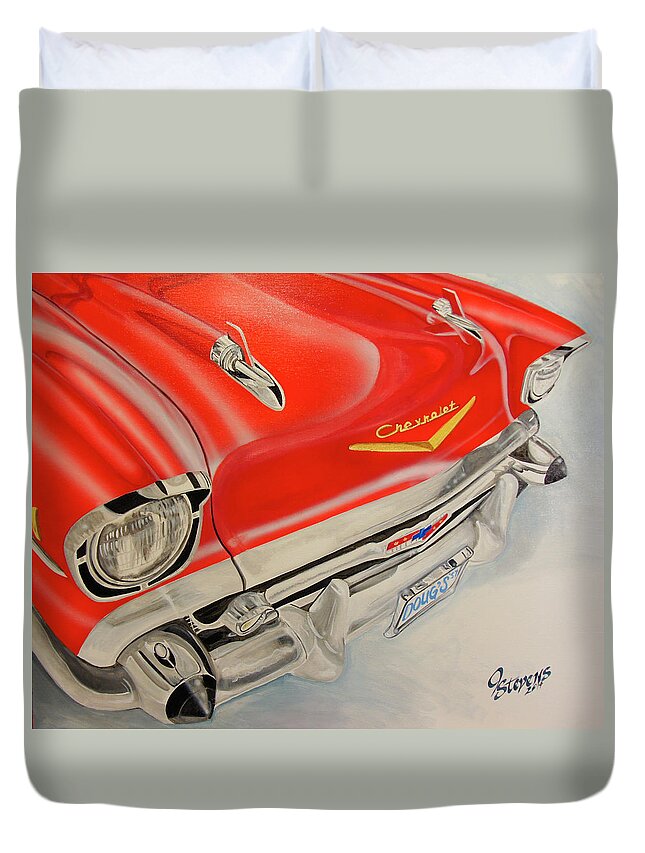Chevy Duvet Cover featuring the painting Doug's 1957 Chevy by John Stevens