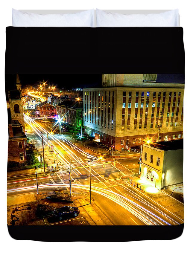 Parkersburg Duvet Cover featuring the photograph Downtown Avery Street At Night by Jonny D