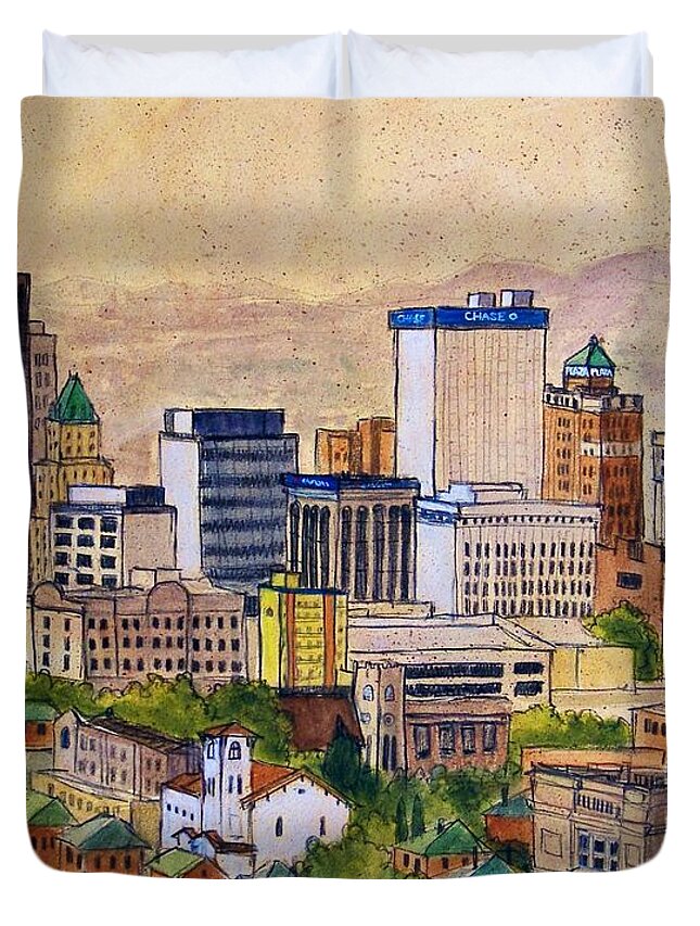 El Paso Duvet Cover featuring the painting Downtown from Rim Road by Candy Mayer