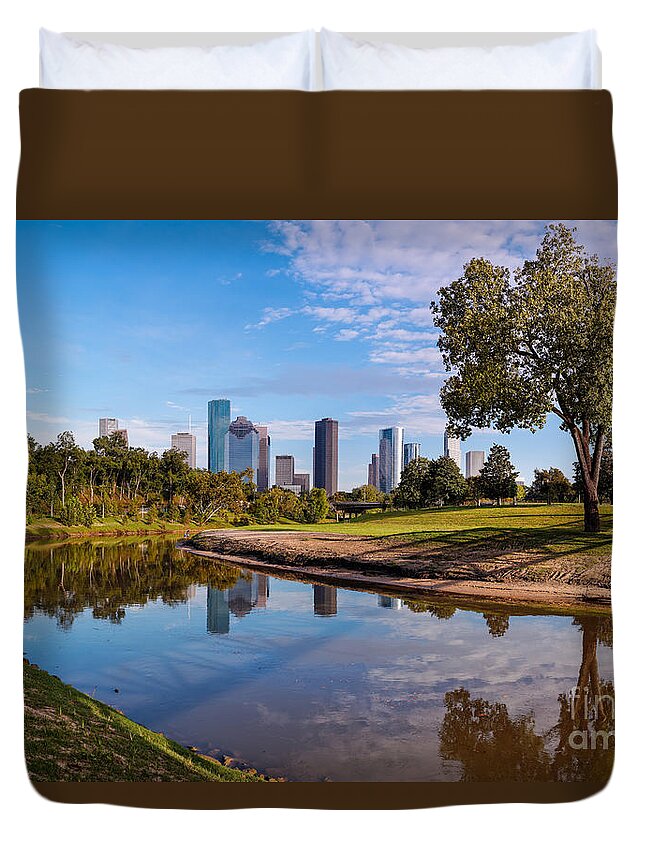 Downtown Duvet Cover featuring the photograph Downtown Houston Panorama from Buffalo Bayou Park by Silvio Ligutti