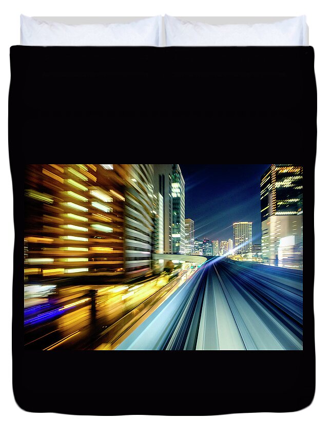 Train Duvet Cover featuring the photograph Downtown Night Train In Tokyo Japan by Richlegg
