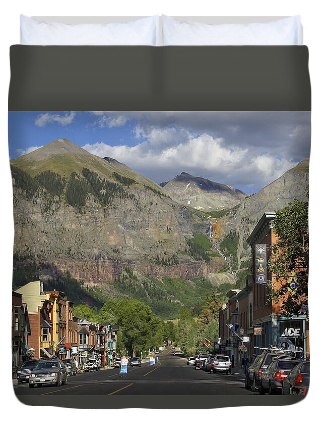 Rocky Mountains Duvet Cover featuring the photograph Downtown Telluride Colorado by Mike McGlothlen