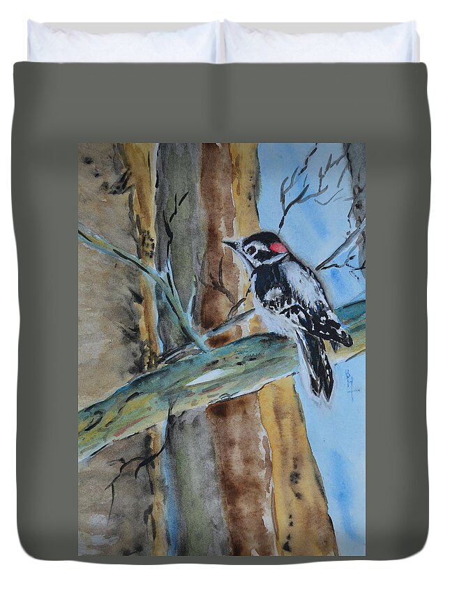 Woodpecker Duvet Cover featuring the painting Downy by Beverley Harper Tinsley