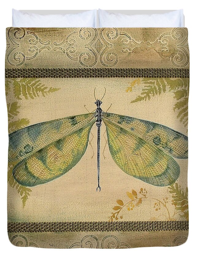 Acrylic Painting Duvet Cover featuring the painting Dragonfly Among the Ferns-1 by Jean Plout