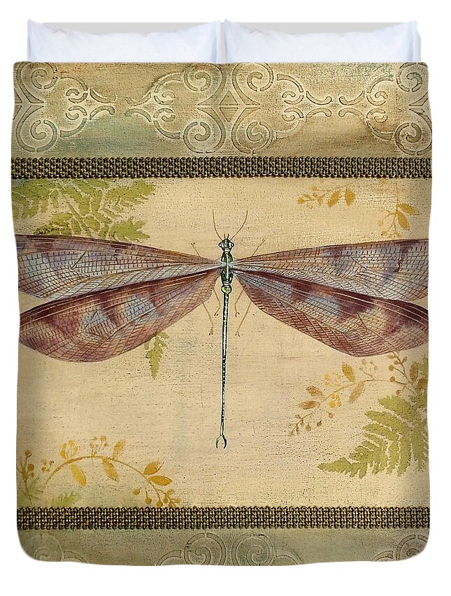 Acrylic Painting Duvet Cover featuring the painting Dragonfly Among the Ferns-3 by Jean Plout