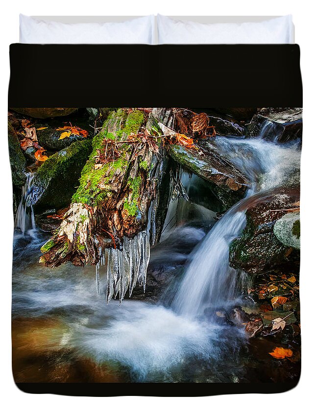 Waterfall Duvet Cover featuring the photograph Dragons Teeth Icicles Waterfall Great Smoky Mountains Painted by Rich Franco