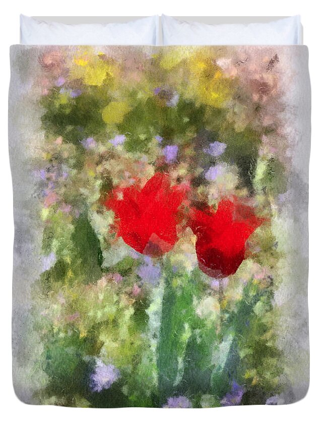 Red Tulips Duvet Cover featuring the painting Dressed in Red by Kerri Farley