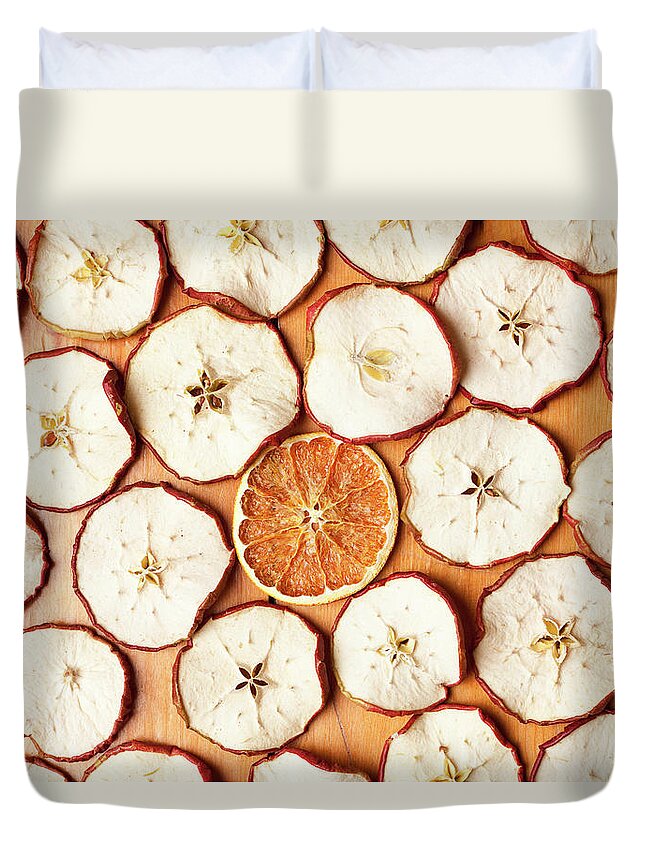 Orange Duvet Cover featuring the photograph Dried Orange And Apple Slices by Nils Hendrik Mueller
