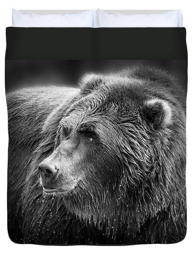 Griz Duvet Cover featuring the photograph Drinking Grizzly Bear Black and White by Steve McKinzie