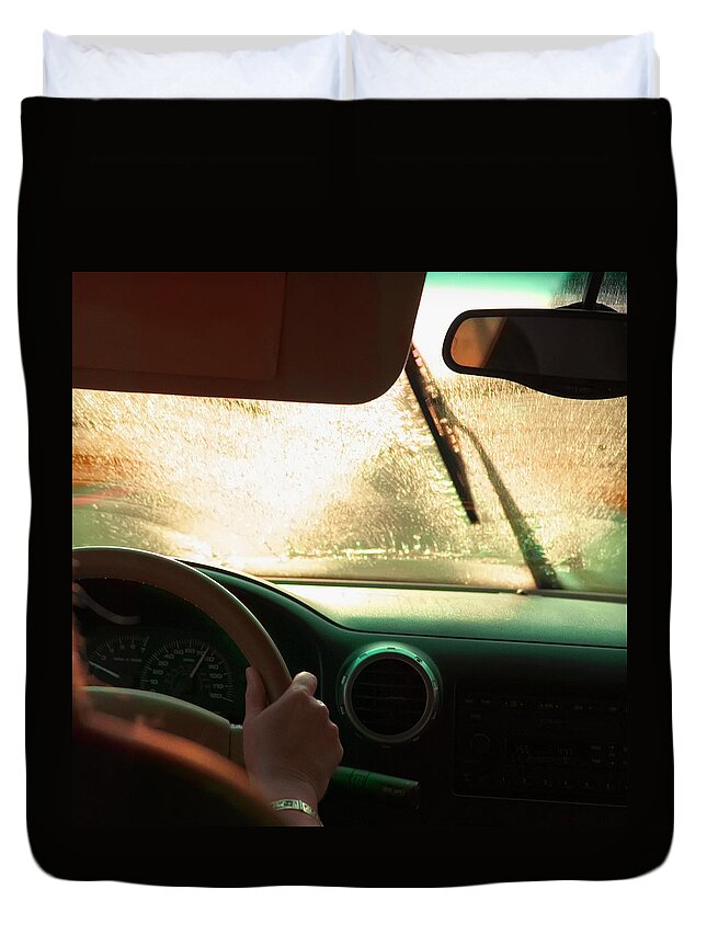 Car Interior Duvet Cover featuring the photograph Driving In The Rain by Stevecoleimages