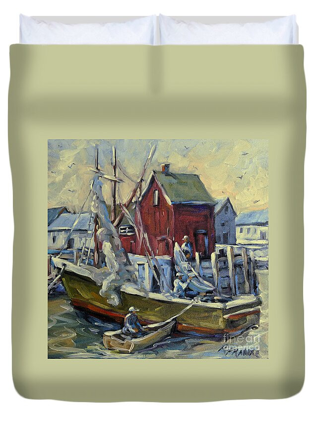 Seascape Duvet Cover featuring the painting Drying the Nets Motif I by Prankears by Richard T Pranke
