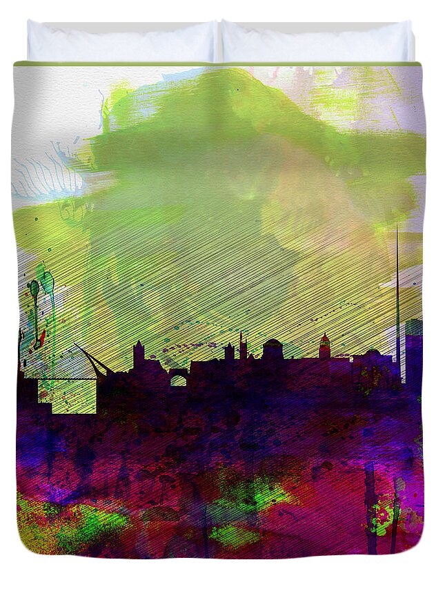 Dublin Duvet Cover featuring the painting Dublin Watercolor Skyline by Naxart Studio