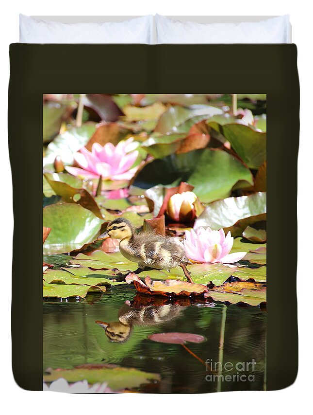 Ducklings Duvet Cover featuring the photograph Duckling running over the Water Lilies 2 by Amanda Mohler