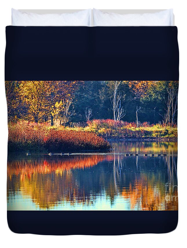Reflections Duvet Cover featuring the photograph Ducks in Paradise by Elizabeth Winter