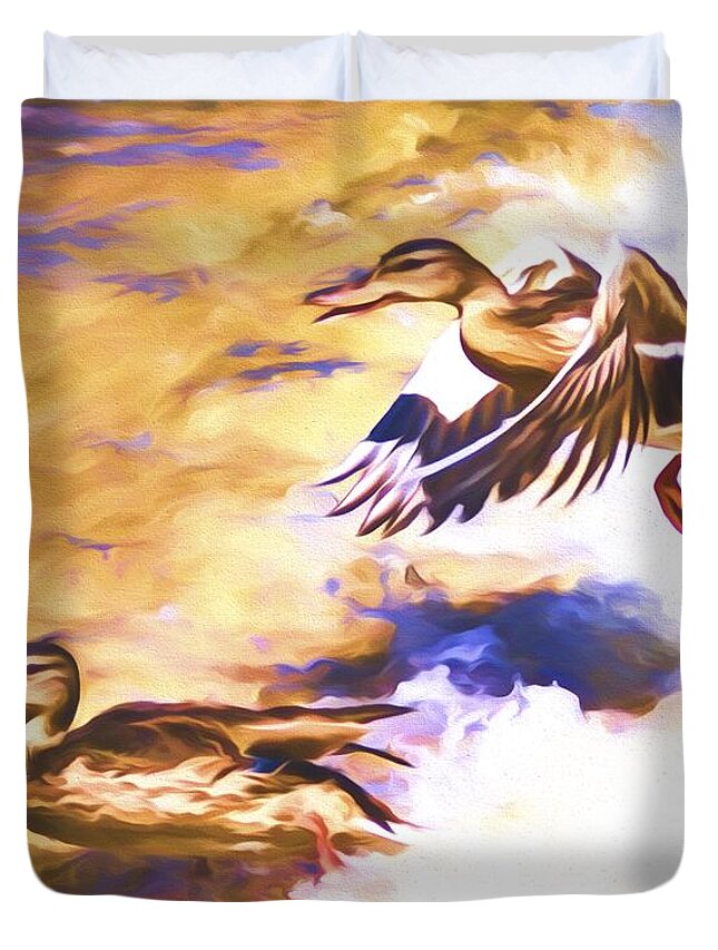 Mallard Duvet Cover featuring the mixed media Ducks Landing by Priya Ghose
