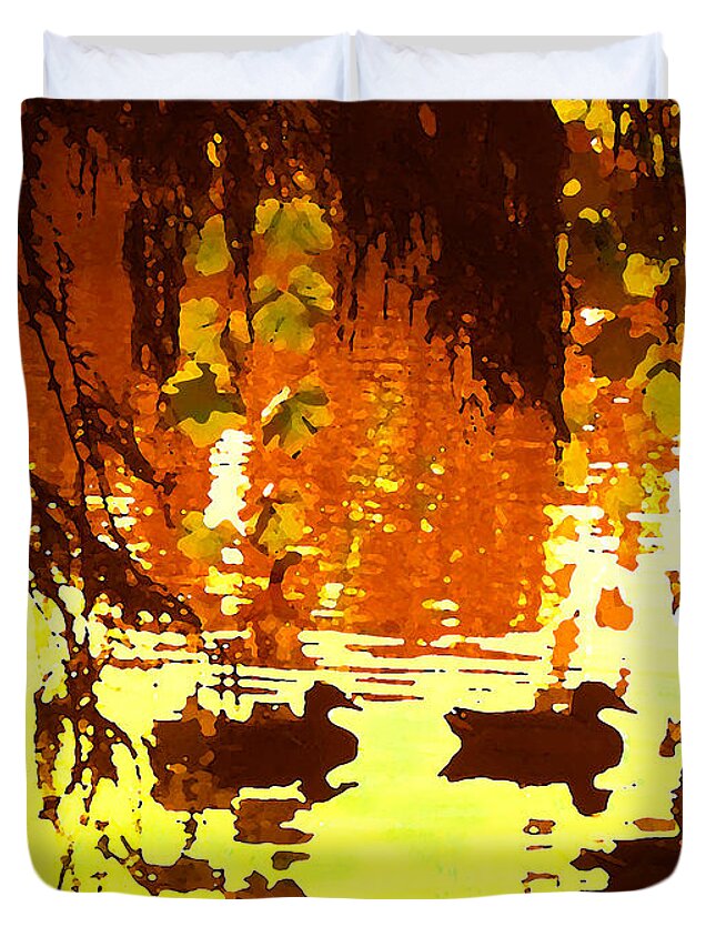  Duvet Cover featuring the painting Ducks on Red Lake by Amy Vangsgard