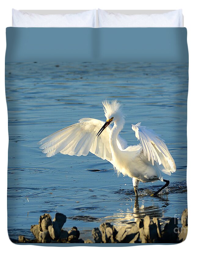 Egret Duvet Cover featuring the photograph Dusk In The Salt Marsh by Kathy Baccari