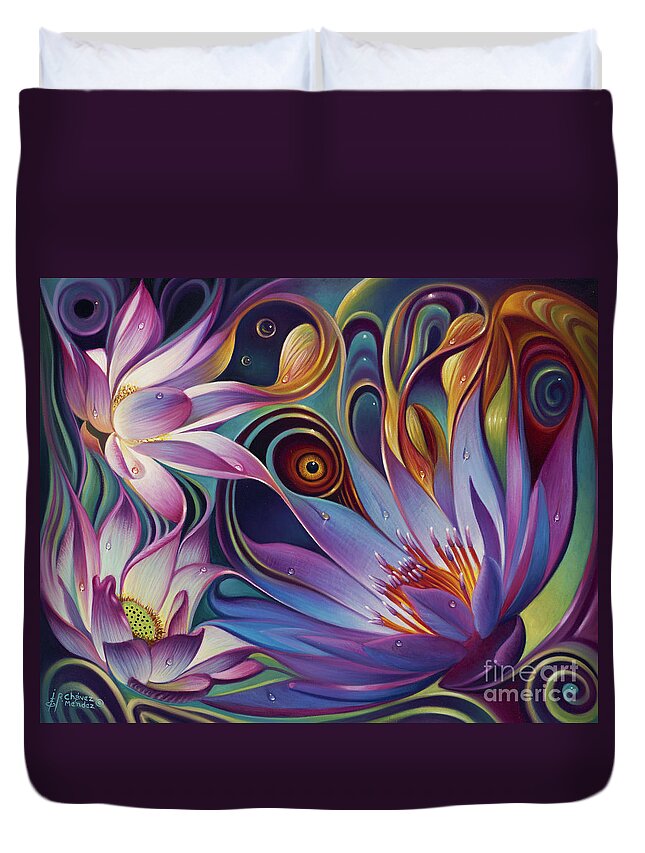 Lotus Duvet Cover featuring the painting Dynamic Floral Fantasy by Ricardo Chavez-Mendez