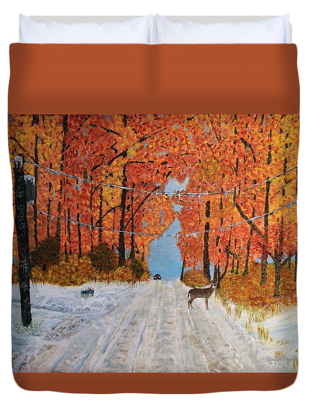 Snow Duvet Cover featuring the painting Early snow by Ken Figurski