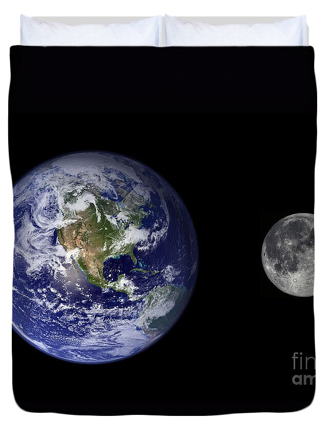 Earth Duvet Cover featuring the photograph Earth And Moon Size Comparison by Science Source