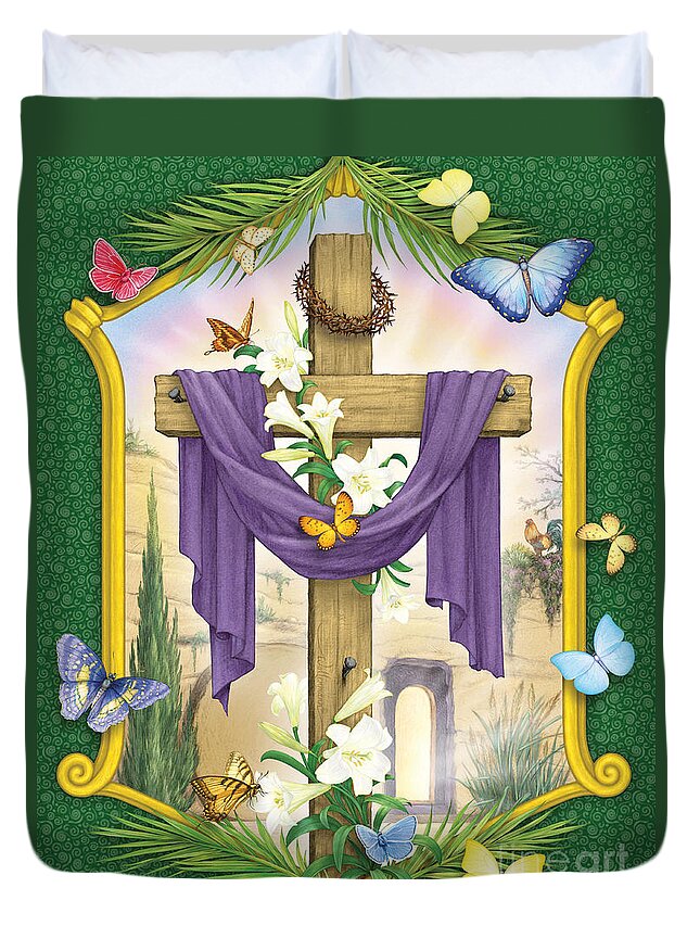 Easter Duvet Cover featuring the digital art Easter Cross by Randy Wollenmann