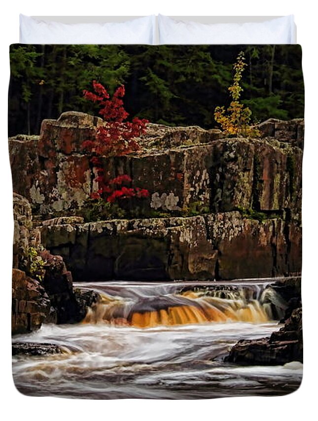 Autumn Duvet Cover featuring the photograph Waterfall Under Colored Leaves by Dale Kauzlaric