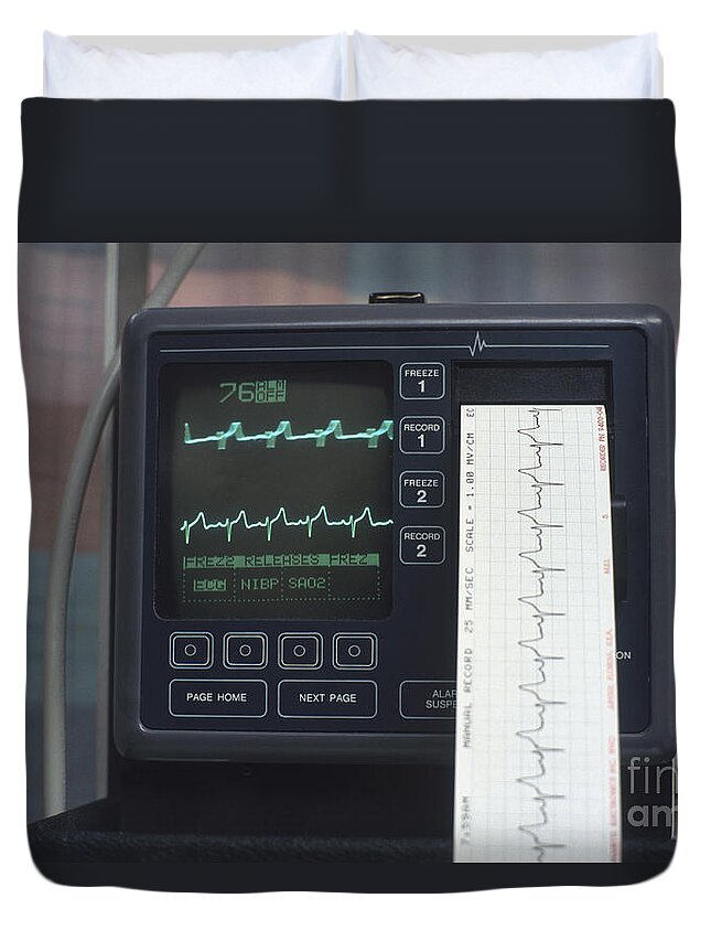 Close-up Duvet Cover featuring the photograph Ecg Monitor With Printout Coming Out by Jim Ziv / Dorling Kindersley