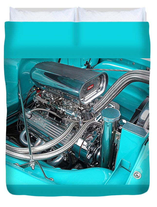 Hot Rod Duvet Cover featuring the photograph Edelbrock in a Chevy 3100 Hotrod by Gill Billington