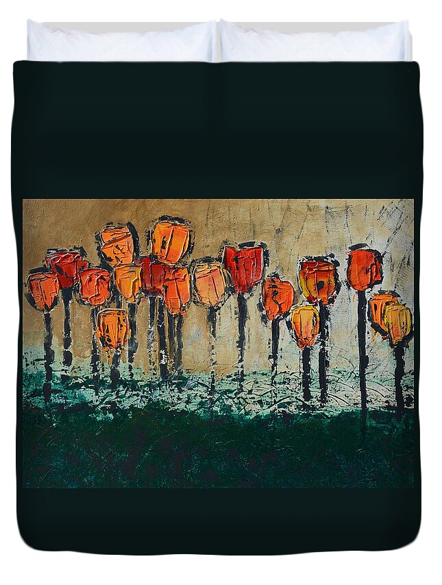 Flowers Duvet Cover featuring the painting Edgey tulips by Linda Bailey
