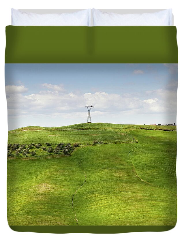 Tranquility Duvet Cover featuring the photograph Electric Pylon On Sloping Wheat Fields by Christiana Stawski