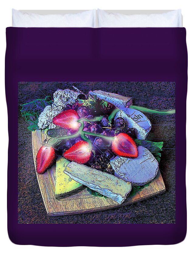 Kitchen Art Fruit Duvet Cover featuring the digital art Electric Strawberries by Pamela Smale Williams