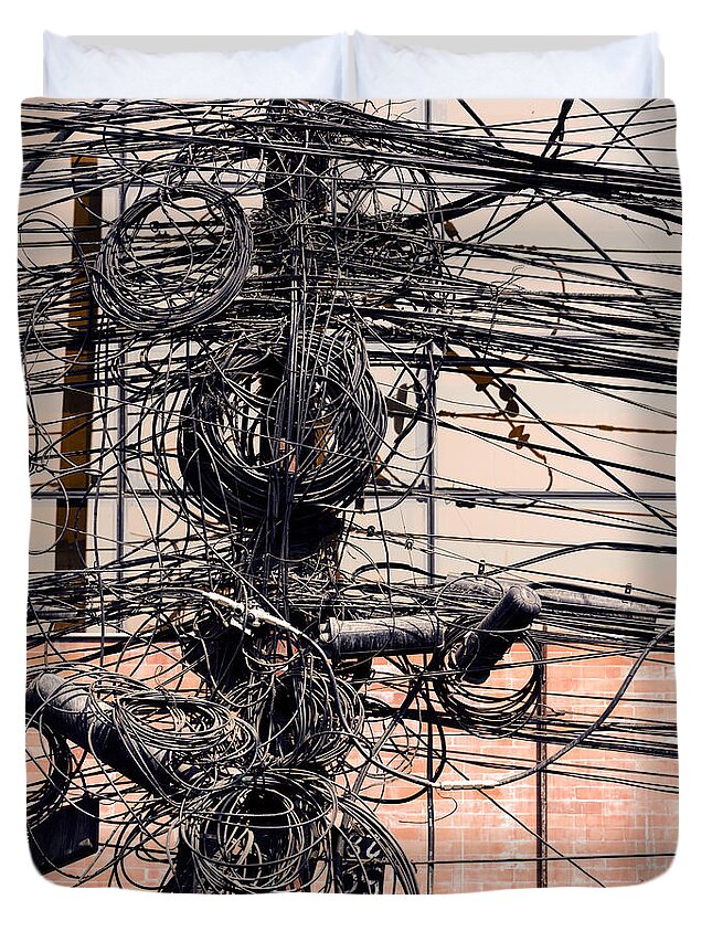 Wire Duvet Cover featuring the photograph Electric wires on a post by Dutourdumonde Photography