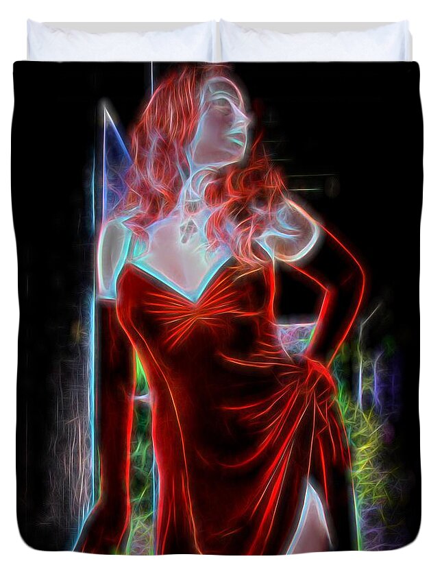 Fantasy Duvet Cover featuring the painting Electric Woman In Red by Jon Volden