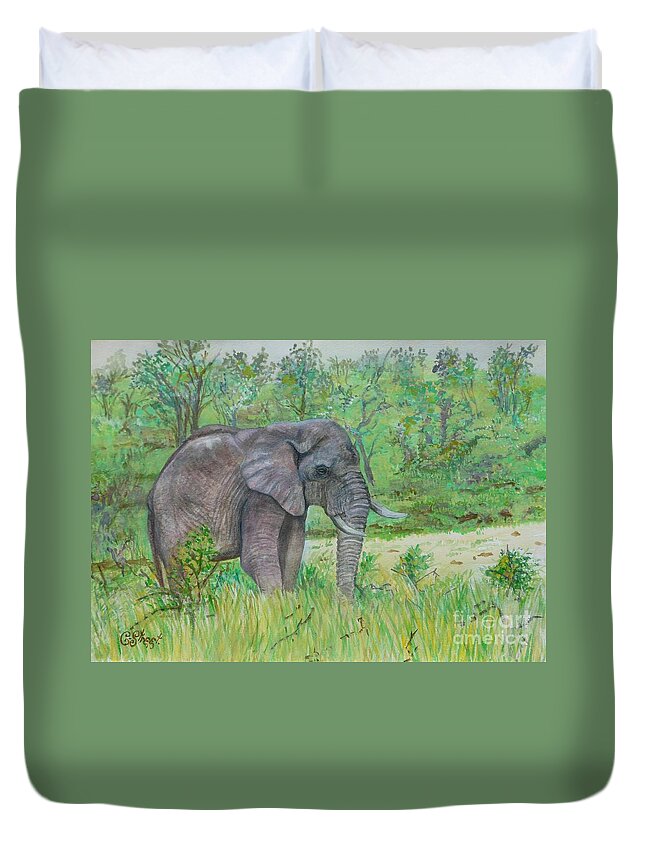 Elephants Duvet Cover featuring the painting Elephant at Kruger by Caroline Street
