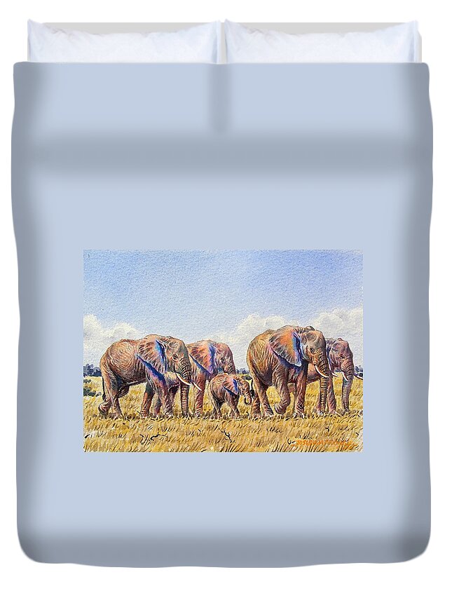 African Paintings Duvet Cover featuring the painting Elephants Walking by Joseph Thiongo