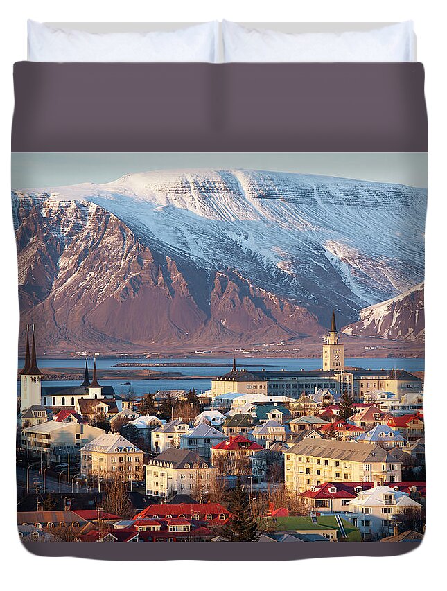 Snow Duvet Cover featuring the photograph Elevated View Over Reykjavik, Iceland by Travelpix Ltd