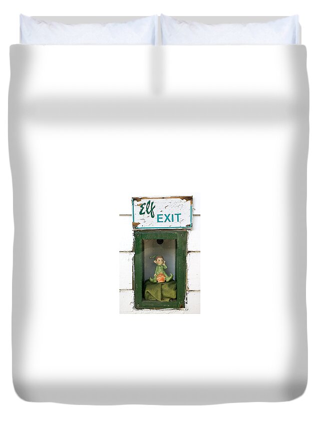 Humor Duvet Cover featuring the photograph elf exit, Dubuque, Iowa by Steven Ralser
