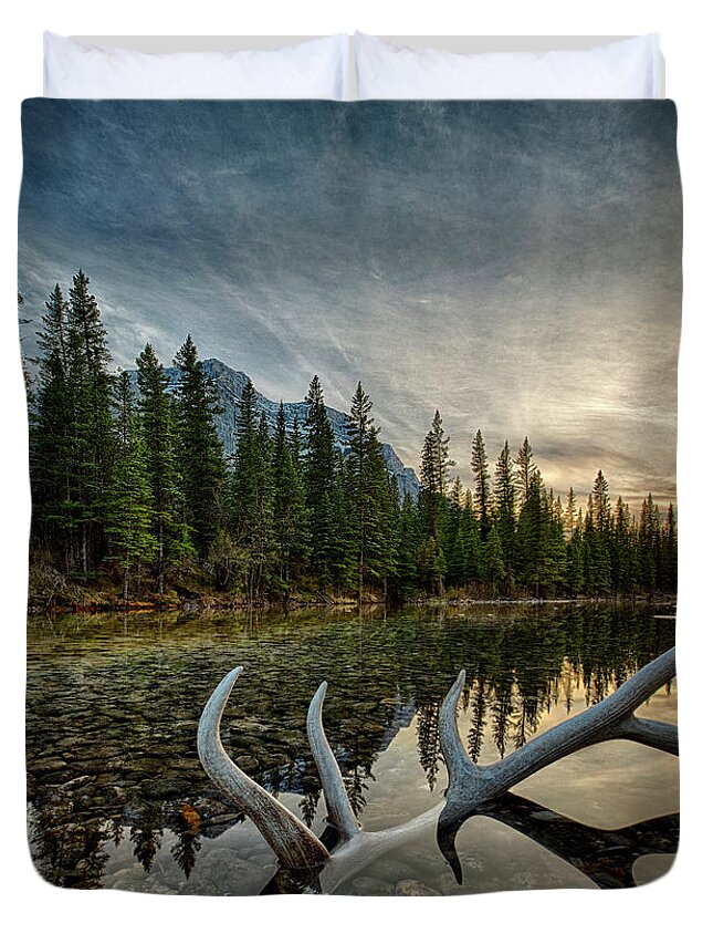 Scenics Duvet Cover featuring the photograph Elk Antler Adds Reflection To Mountain by Ascent Xmedia