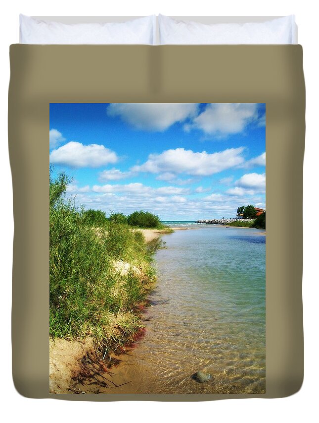 Elk Rapids Duvet Cover featuring the photograph Elk River with Fluffy Clouds by Michelle Calkins