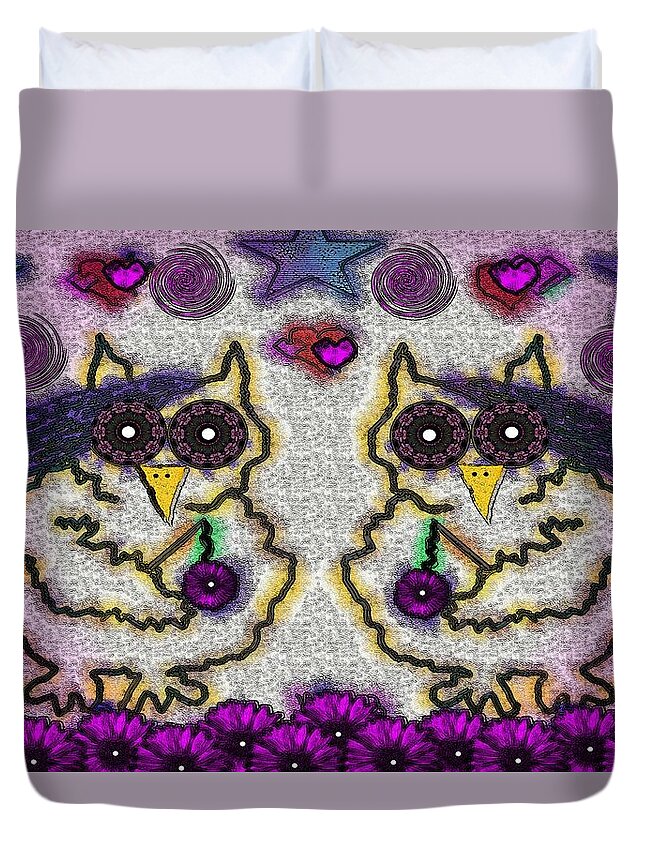 Animal Duvet Cover featuring the mixed media Emo Owls by Pepita Selles
