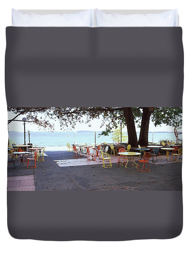 Photography Duvet Cover featuring the photograph Empty Chairs With Tables In A Campus by Panoramic Images