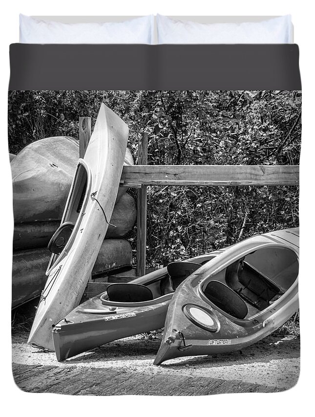 Kayak Duvet Cover featuring the photograph End of Summer Fun BW by Carolyn Marshall