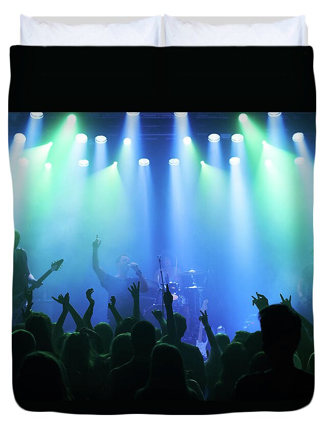 Young Men Duvet Cover featuring the photograph Enjoying Every Song The Band Plays by Yuri arcurs