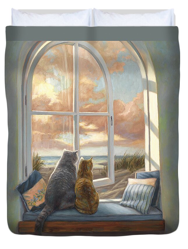 Cat Duvet Cover featuring the painting Enjoying The View by Lucie Bilodeau