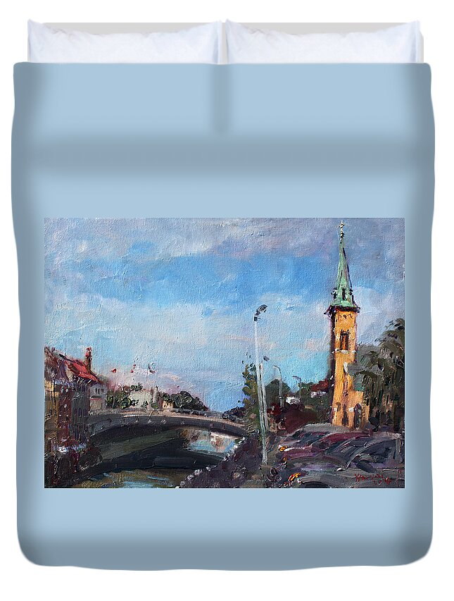 Erie Canal Duvet Cover featuring the painting Erie Canal in Lockport by Ylli Haruni