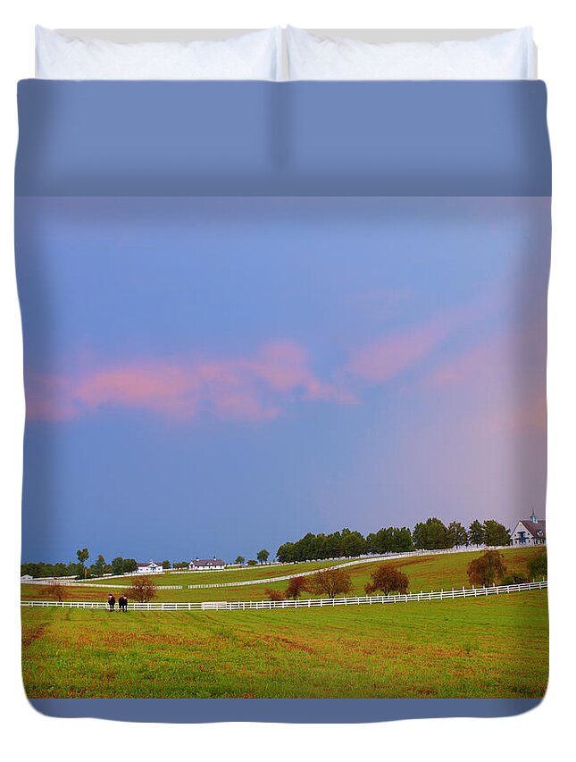 Farm Duvet Cover featuring the photograph Evening at a horse farm by Alexey Stiop