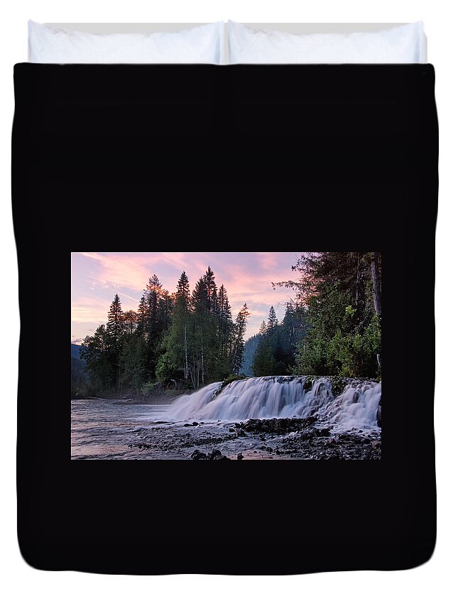 Wells Gray Provincial Park Duvet Cover featuring the photograph Evening at Osprey Falls by Allan Van Gasbeck