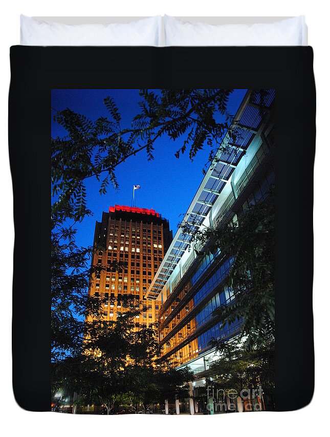 High Places Duvet Cover featuring the photograph Evening at PPL Plaza - Allentown PA Vertical by Jacqueline M Lewis