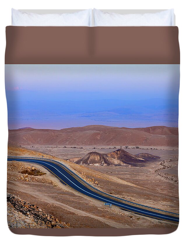 Road Duvet Cover featuring the photograph Evening in the desert by Alexey Stiop
